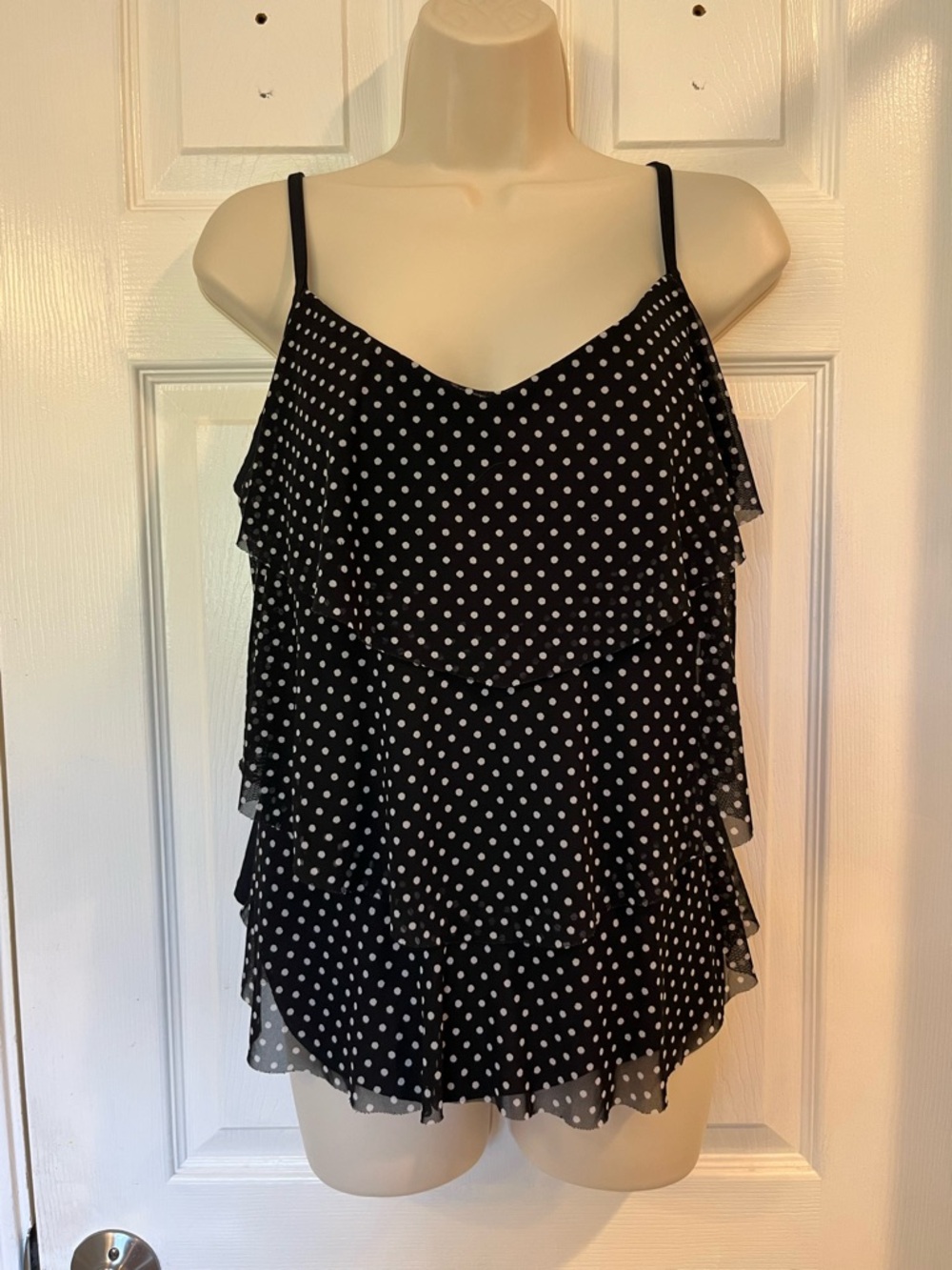 Tropical Escape Swimsuit Bathing Suit Tankini Top Tiered Black White Polk 14